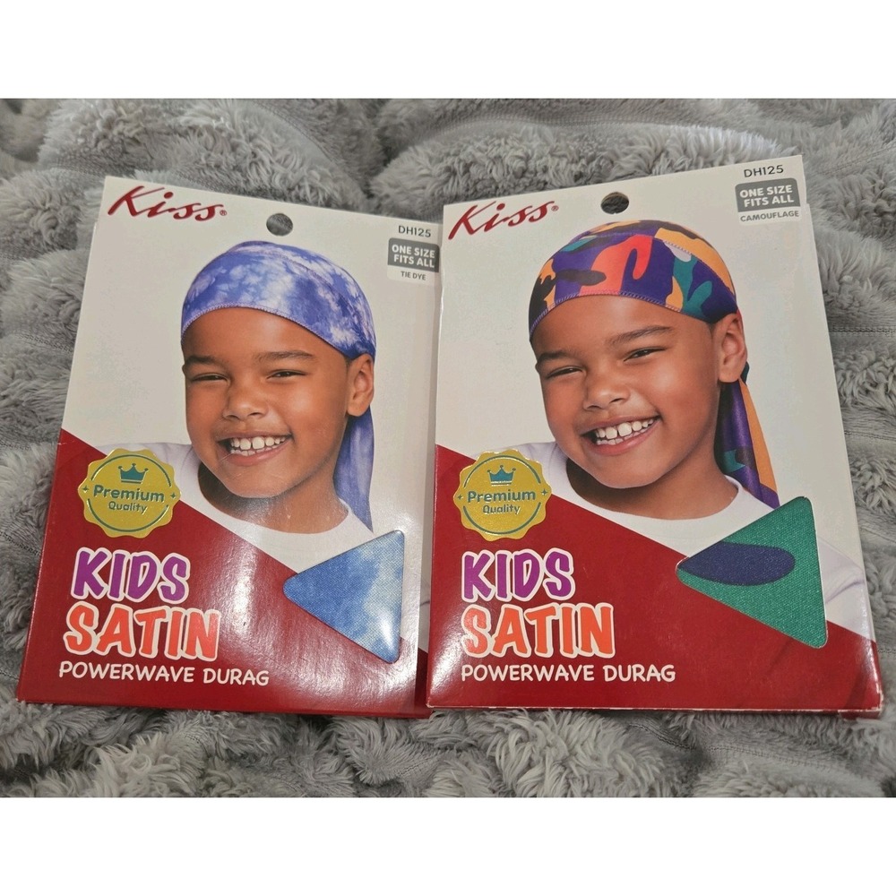 Kiss Kids Satin Powerwave Durag 2 Pack Tie Dye Camo Blue Green Wave Cap Set